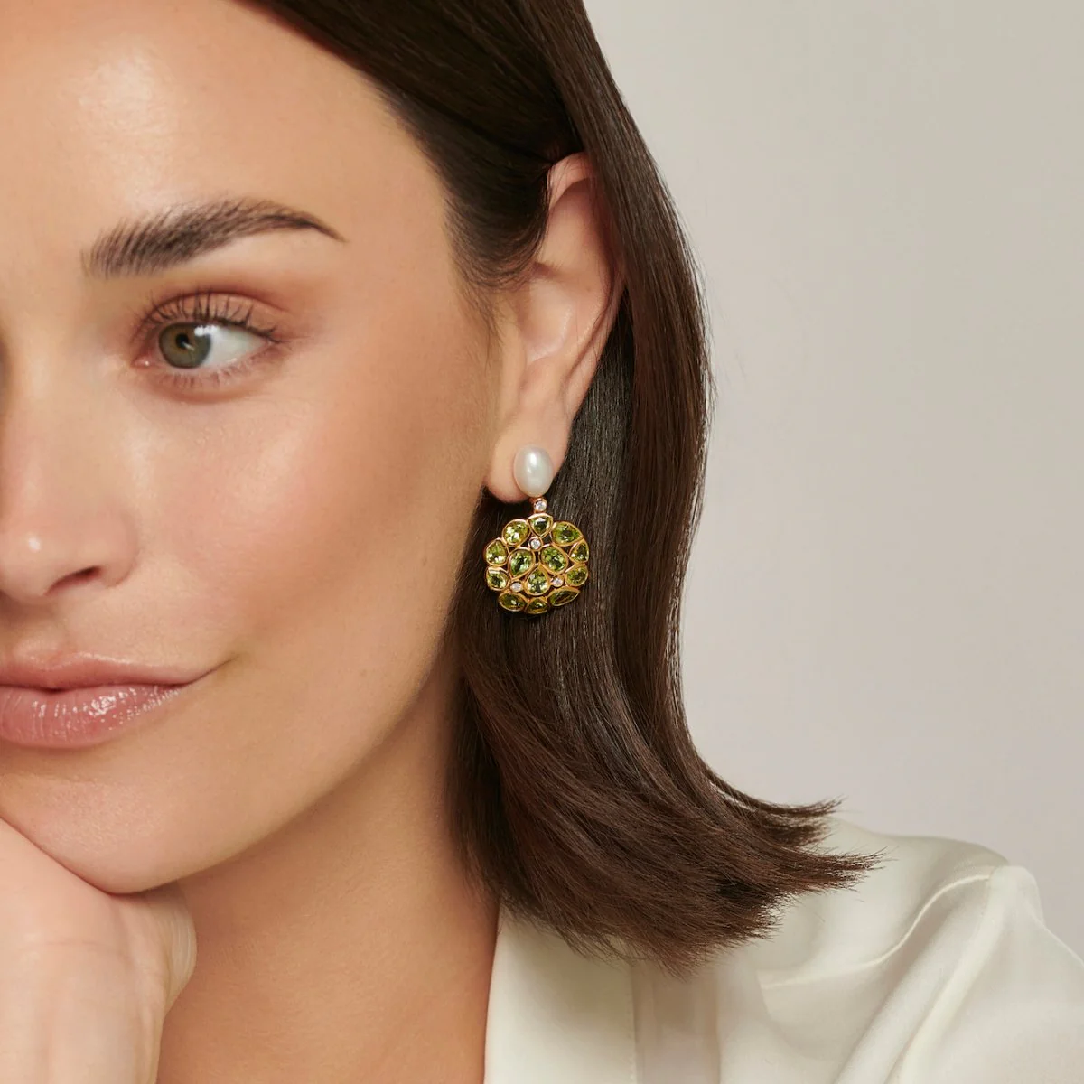 Peridot and Pearl Statement Gold Stud Drop Earrings - Image 3