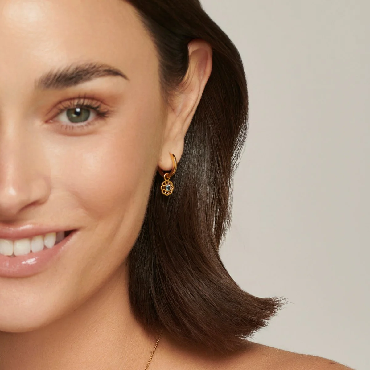 Peridot Gemstone Flower Gold Drop Hoop Earrings - Image 4