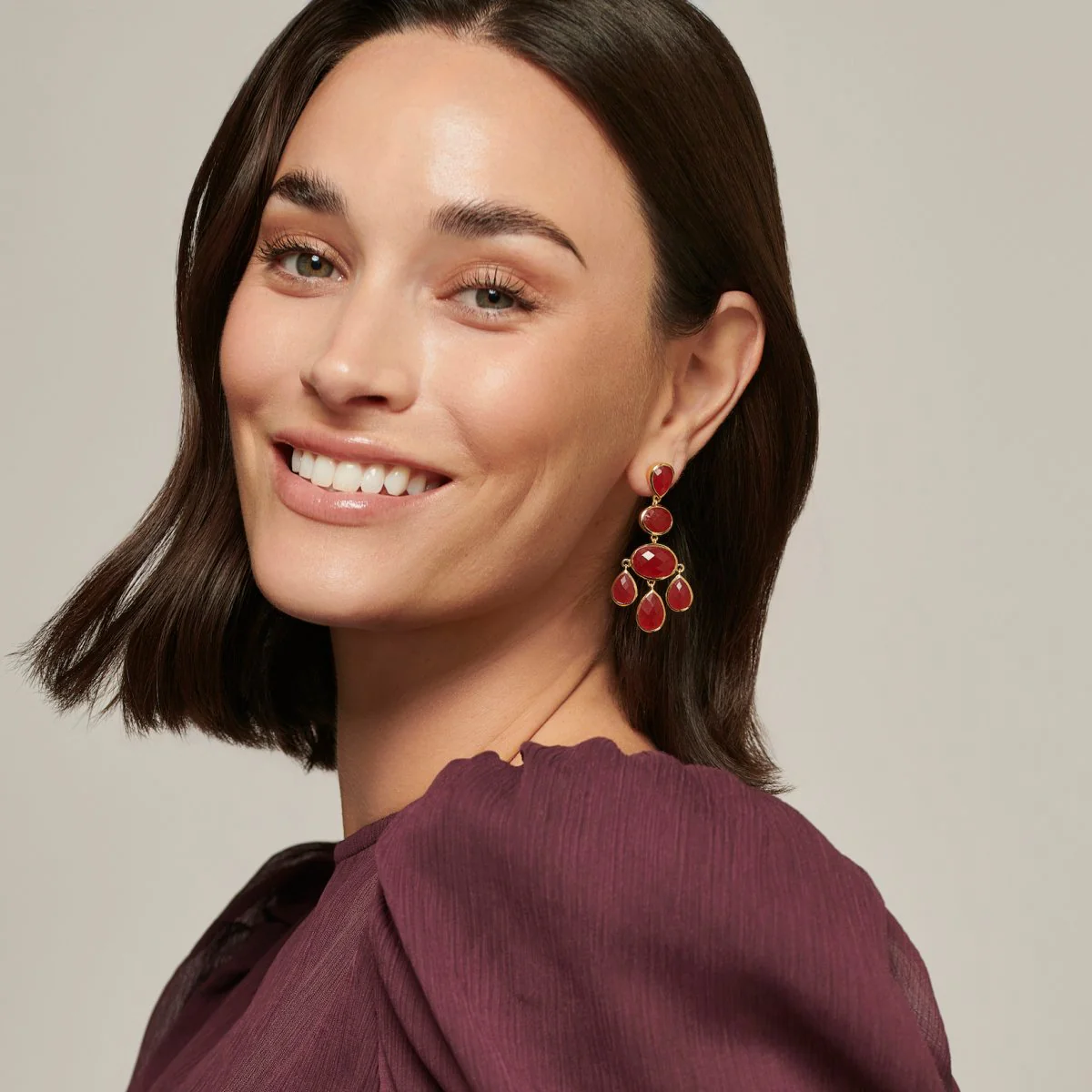 Red Jade Chandelier Gold Stud Drop Earrings - Image 3