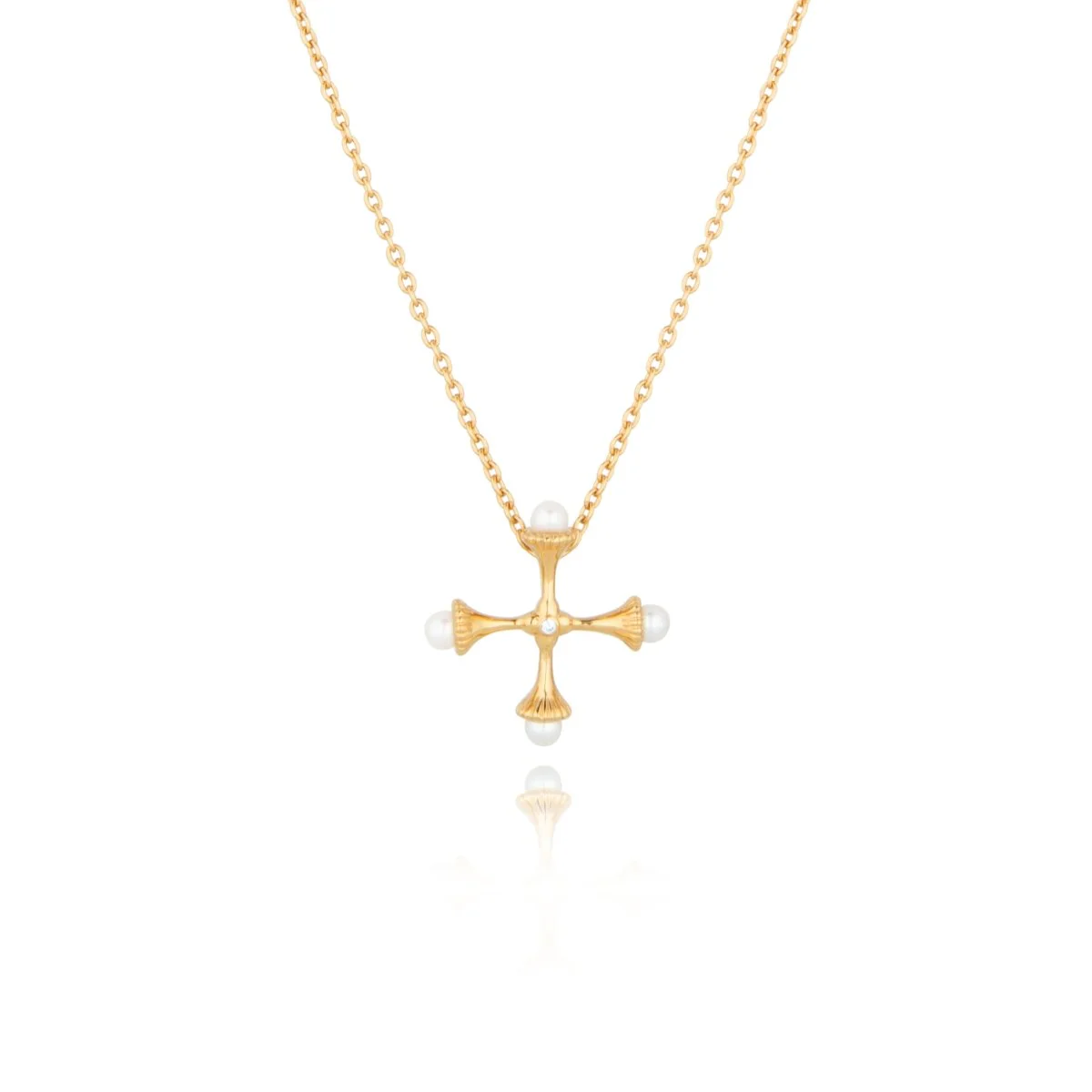 Small Gold Pearl Cross Necklace with Cubic Zirconia