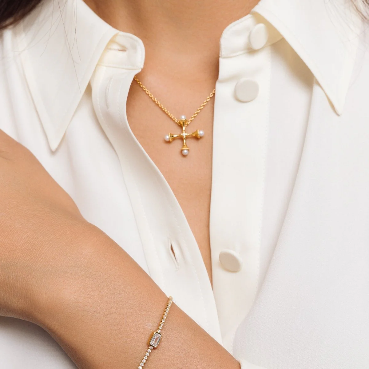 Small Gold Pearl Cross Necklace with Cubic Zirconia - Image 4