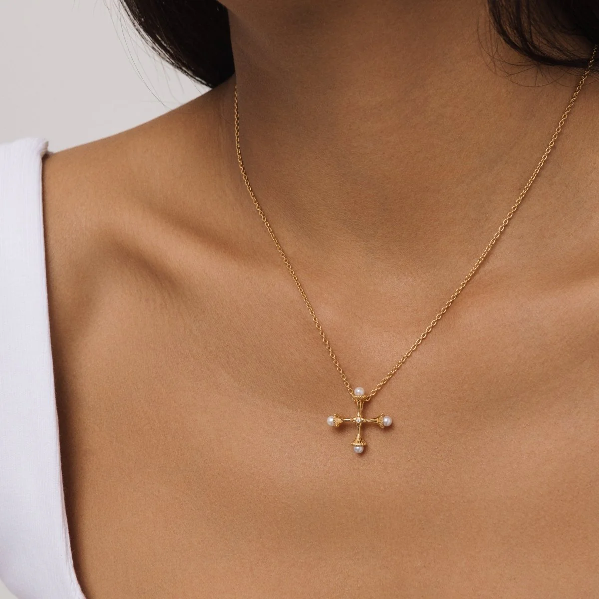 Small Silver Pearl Cross Necklace with Cubic Zirconia - Image 3