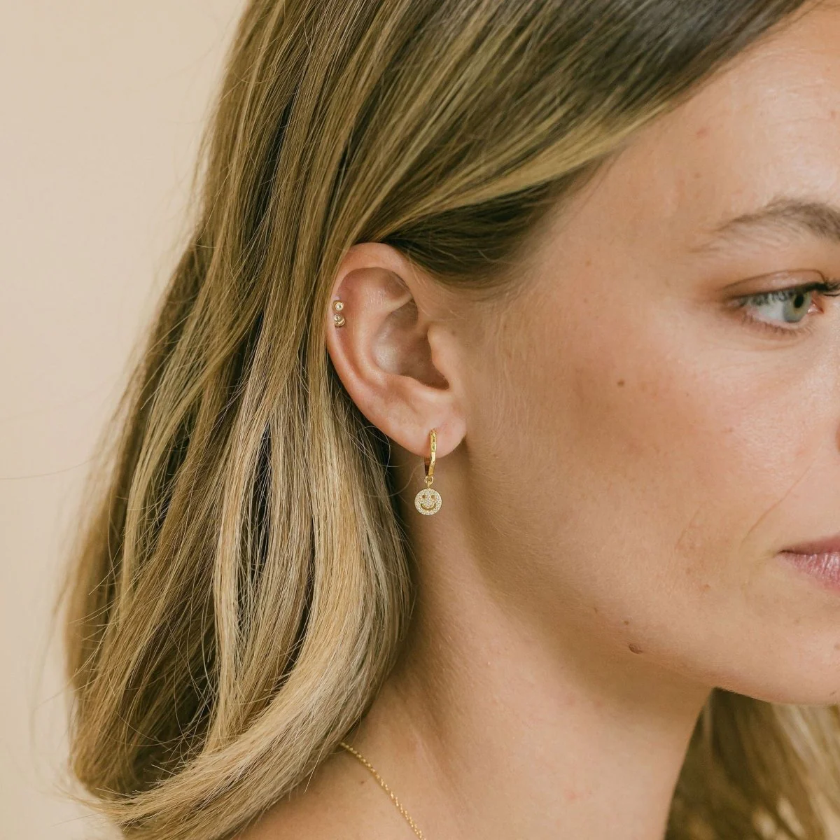 Smiley Gold Hoop Earrings with Cubic Zirconia - Image 2