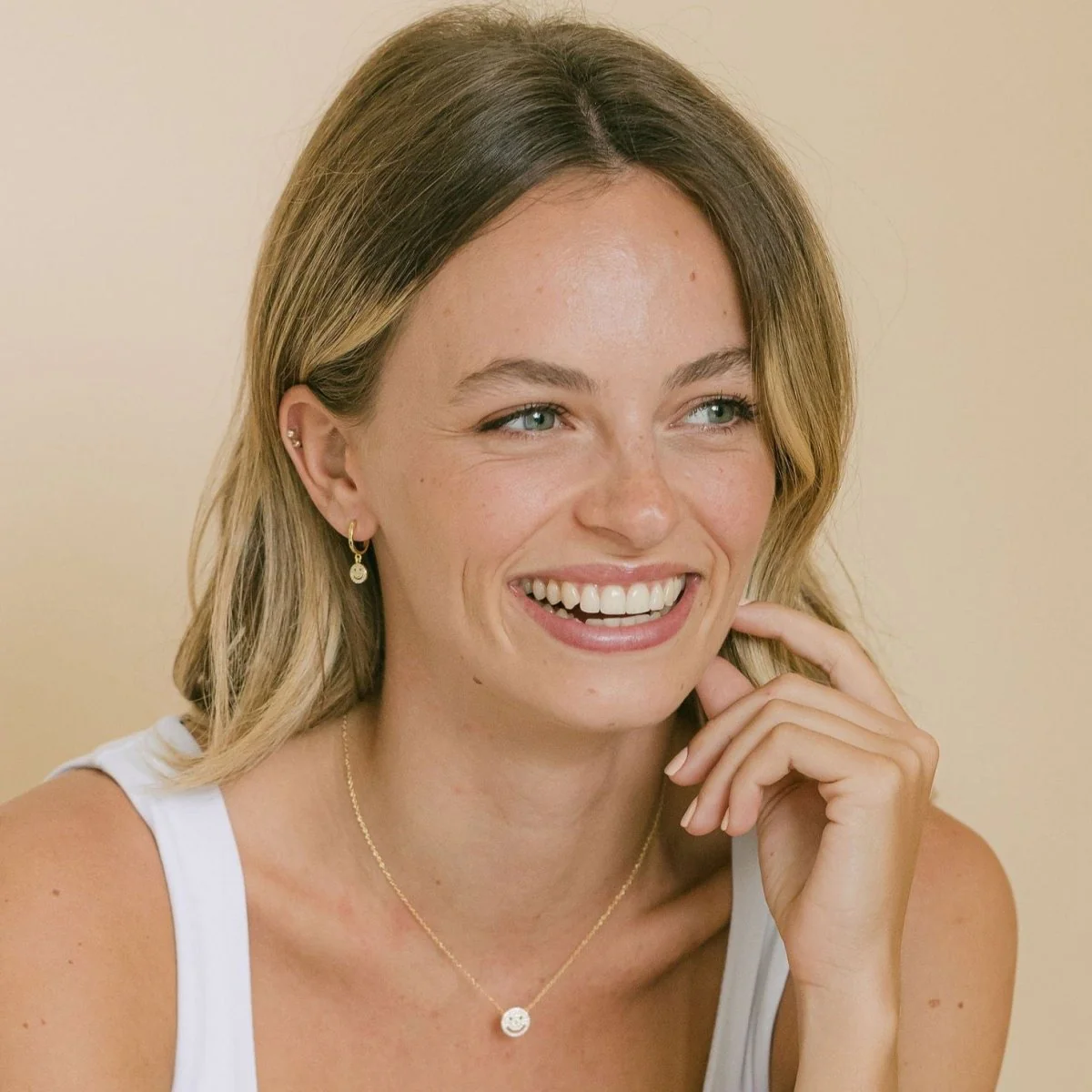 Smiley Gold Hoop Earrings with Cubic Zirconia - Image 3