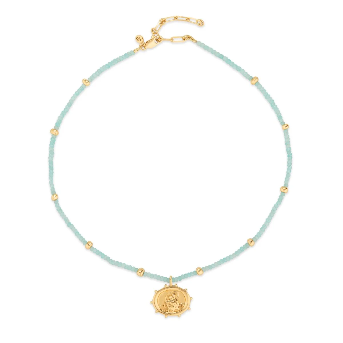 St. Christopher Beaded Amazonite Talisman Gold Necklace