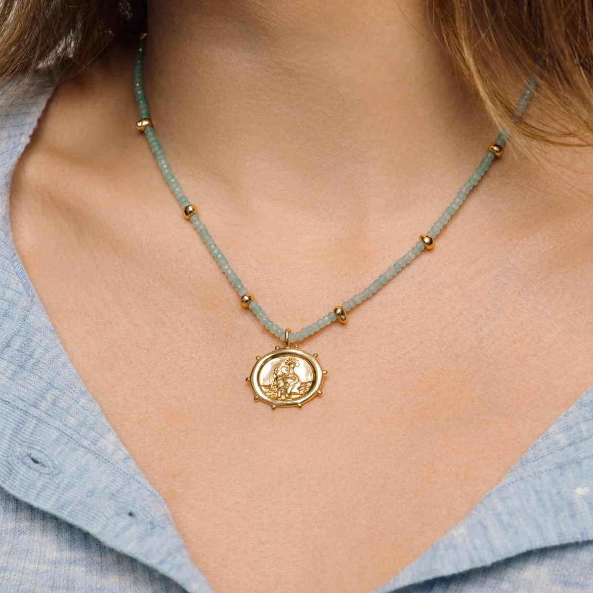 St. Christopher Beaded Amazonite Talisman Gold Necklace - Image 2