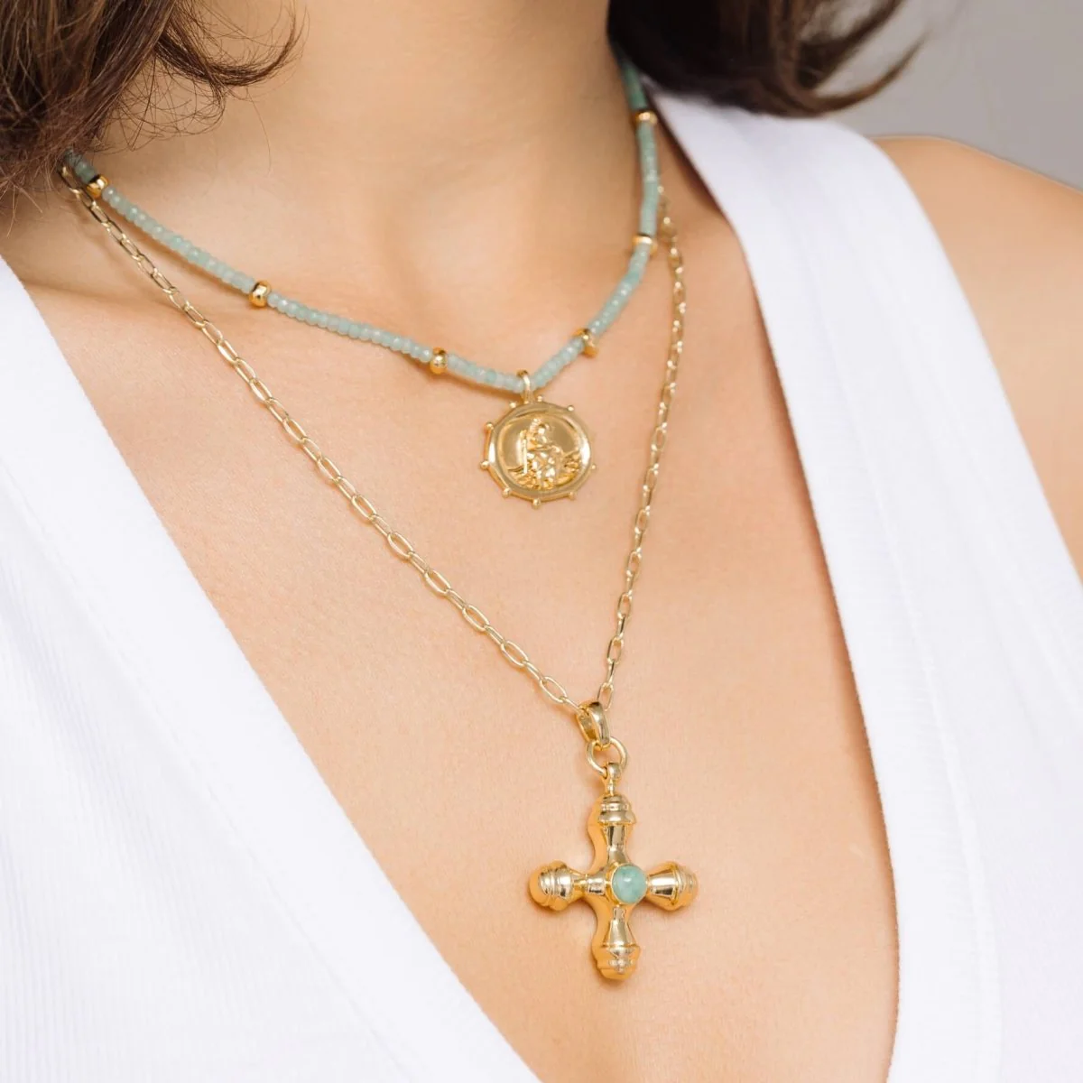 St. Christopher Beaded Amazonite Talisman Gold Necklace - Image 6