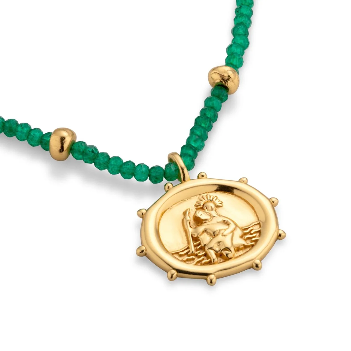 St. Christopher Beaded Green Jade Talisman Gold Necklace - Image 3