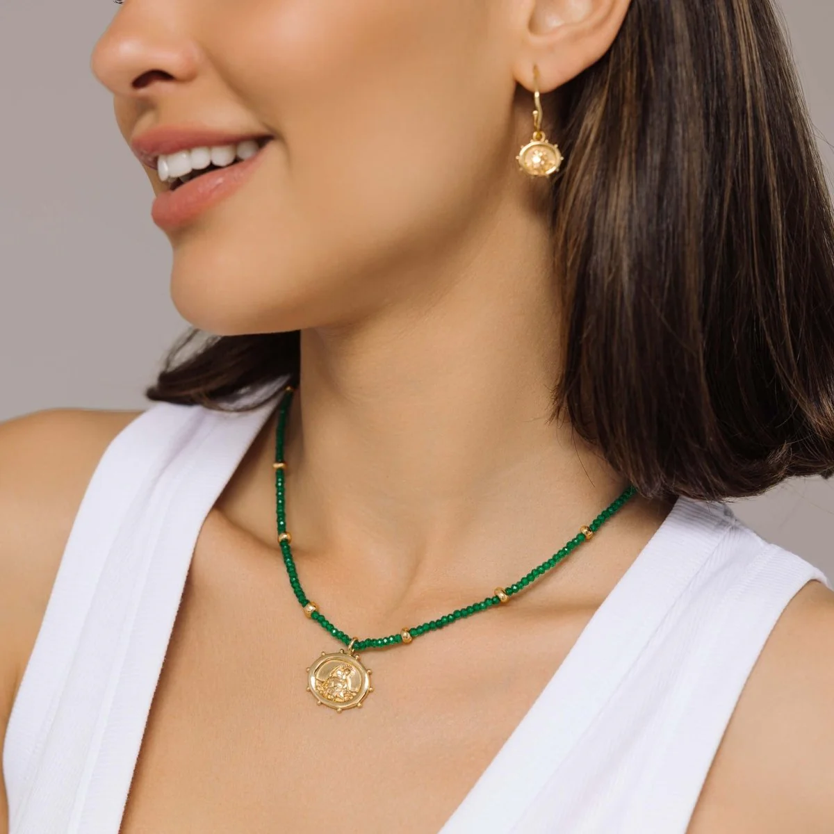 St. Christopher Beaded Green Jade Talisman Gold Necklace - Image 4