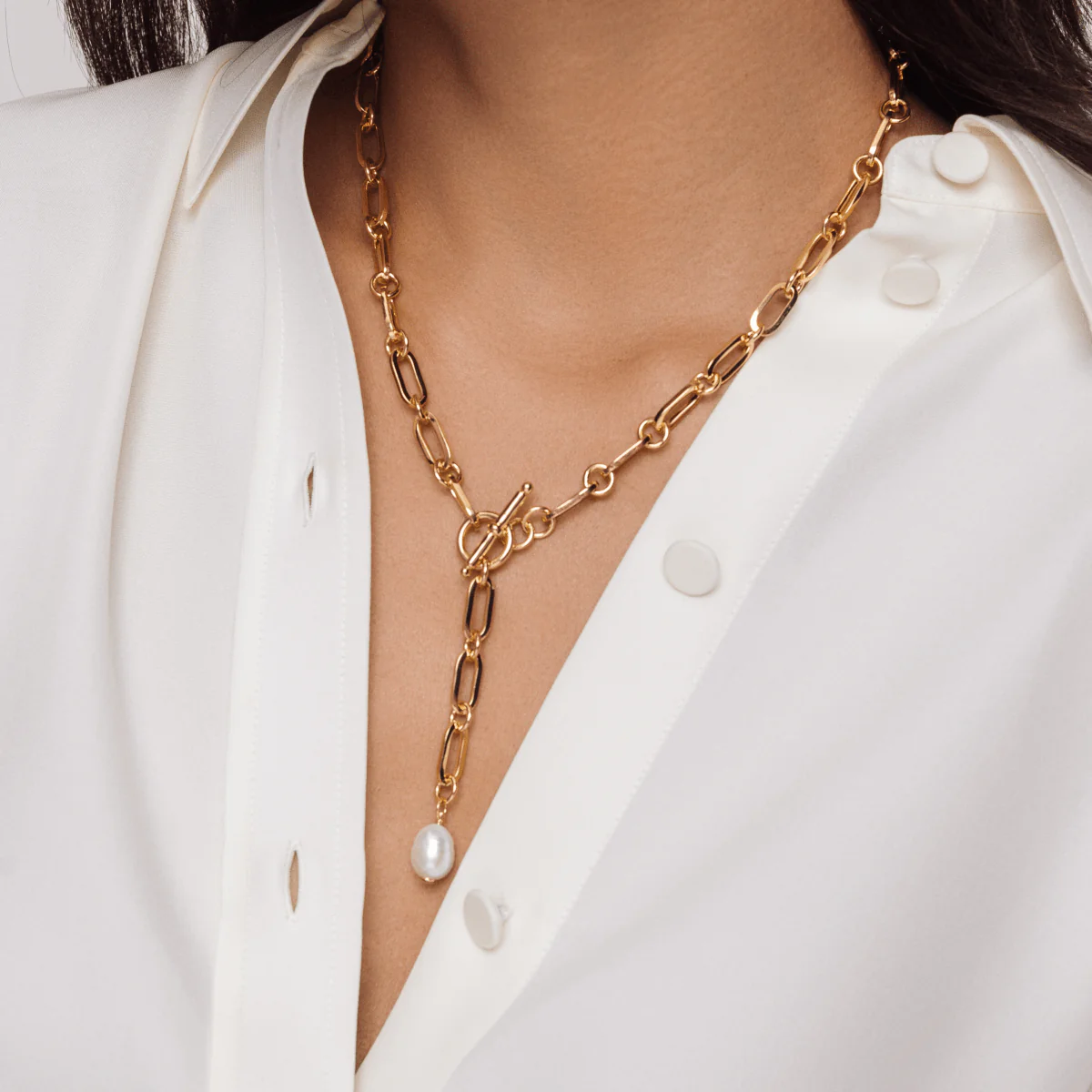 T-Bar Pearl Lariat Chain Necklace - Image 2