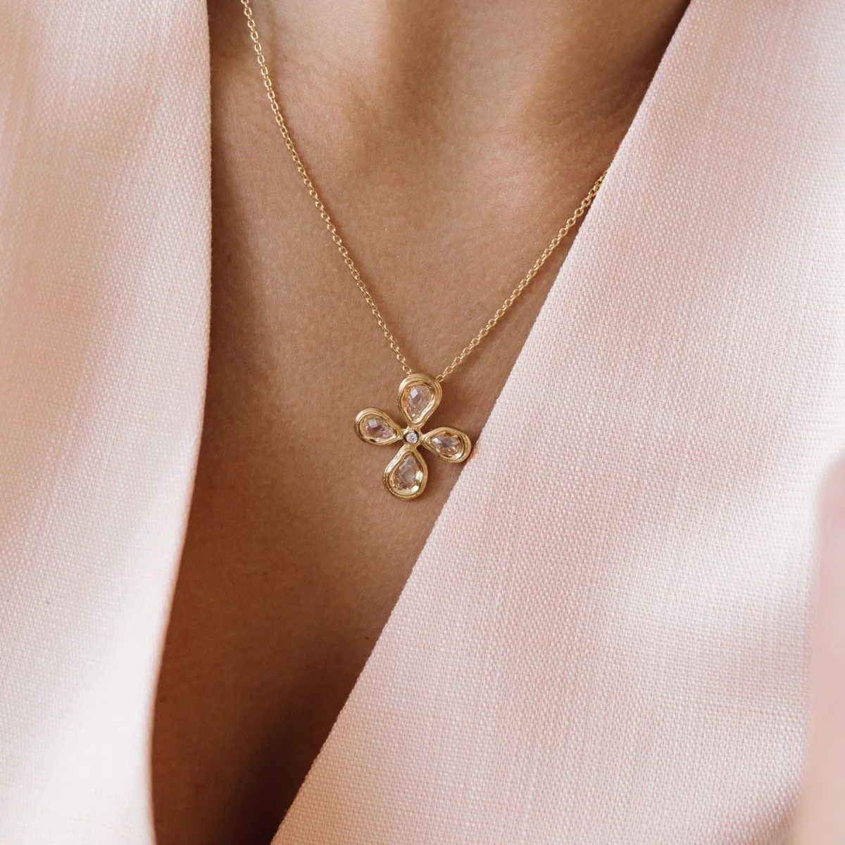 Teardrop Cross Gold Necklace with Cubic Zirconia - Ripple - Image 3