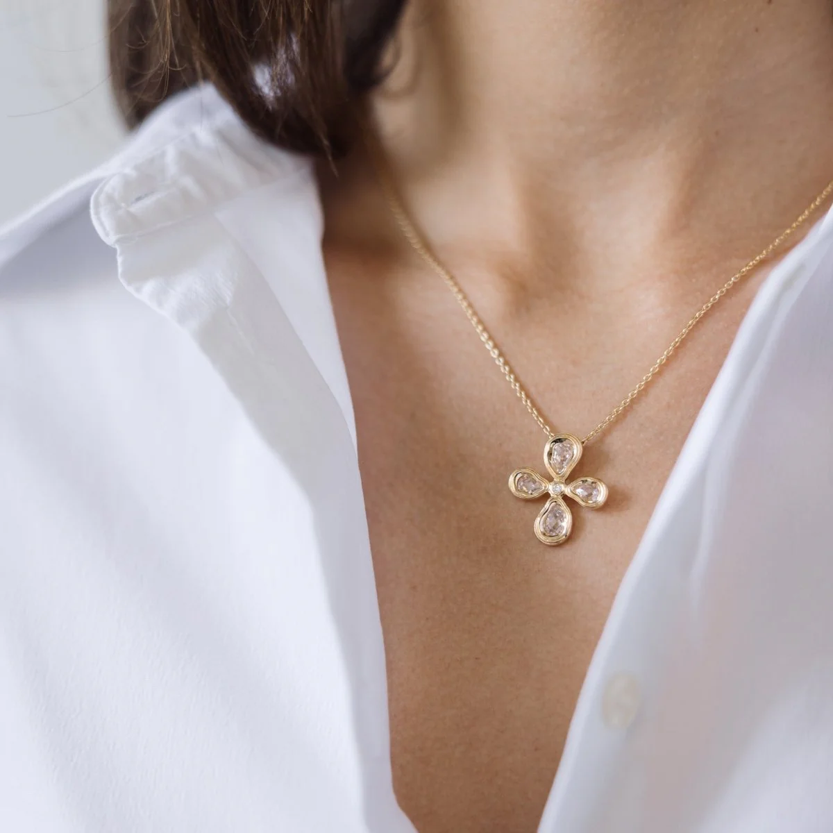 Teardrop Cross Gold Necklace with Cubic Zirconia - Ripple - Image 4