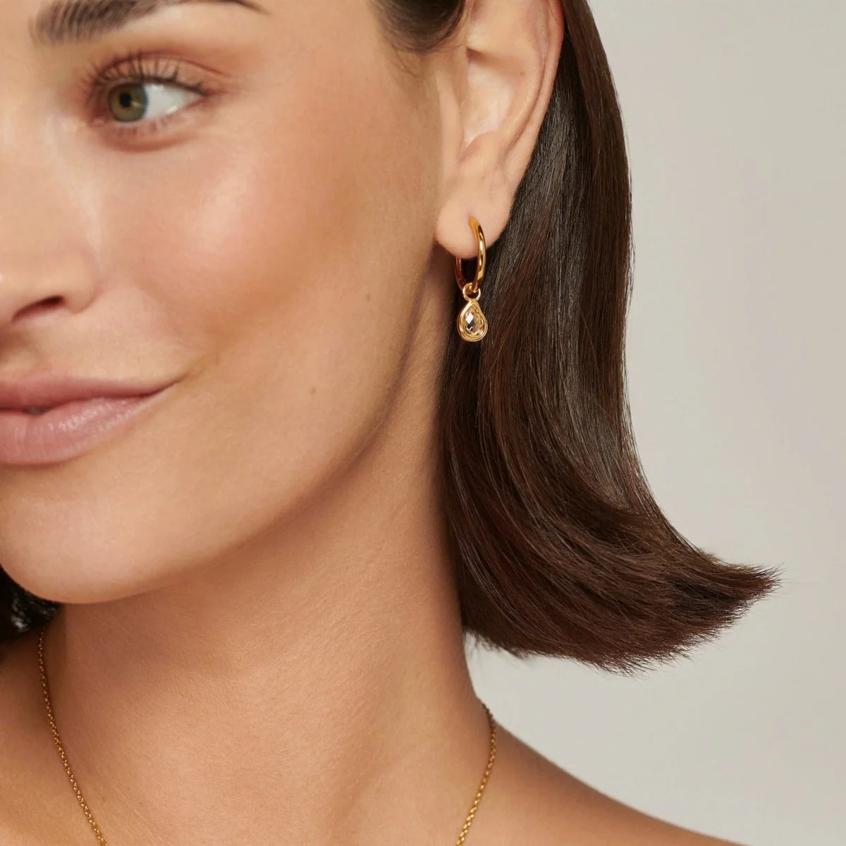 Teardrop Gold Drop Hoop Earrings with Cubic Zirconia - Ripple - Image 3