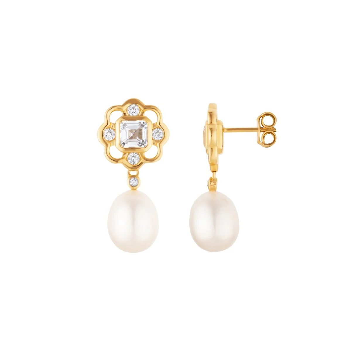 White Topaz and Pearl Gemstone Flower Gold Stud Drop Earrings