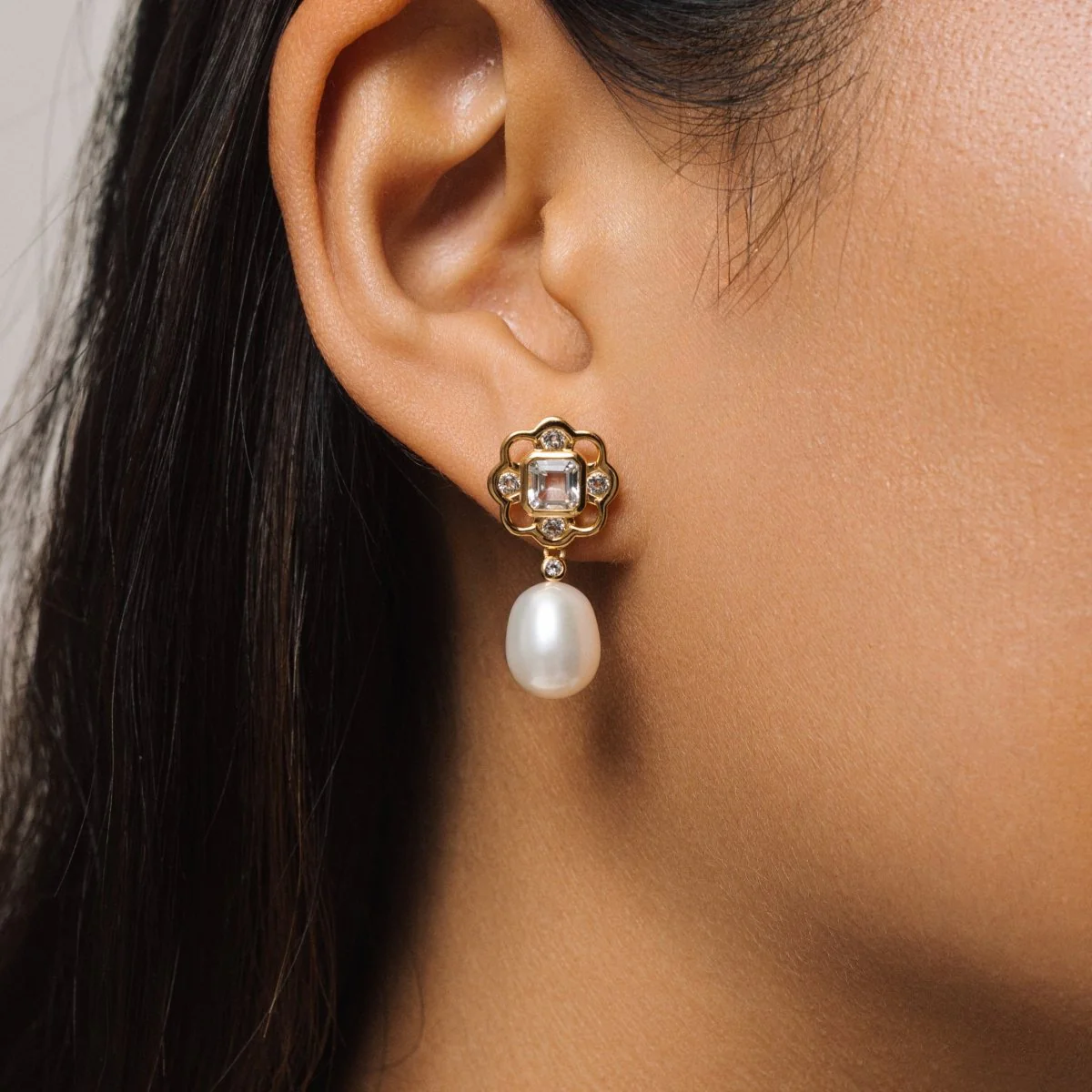 White Topaz and Pearl Gemstone Flower Silver Stud Drop Earrings - Image 2