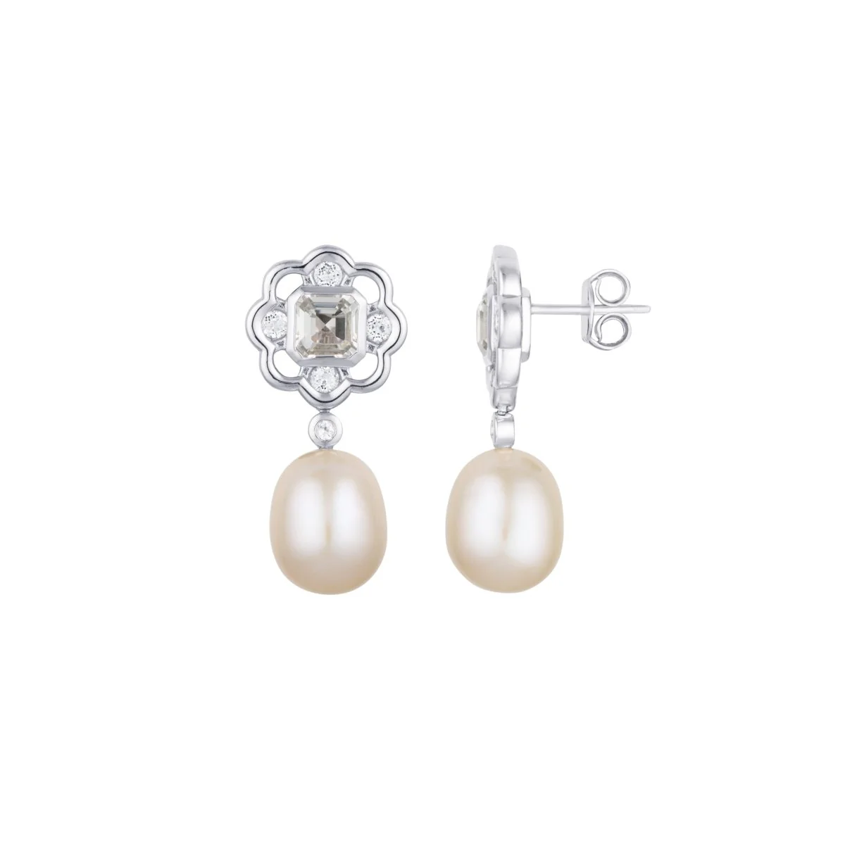 White Topaz and Pearl Gemstone Flower Silver Stud Drop Earrings