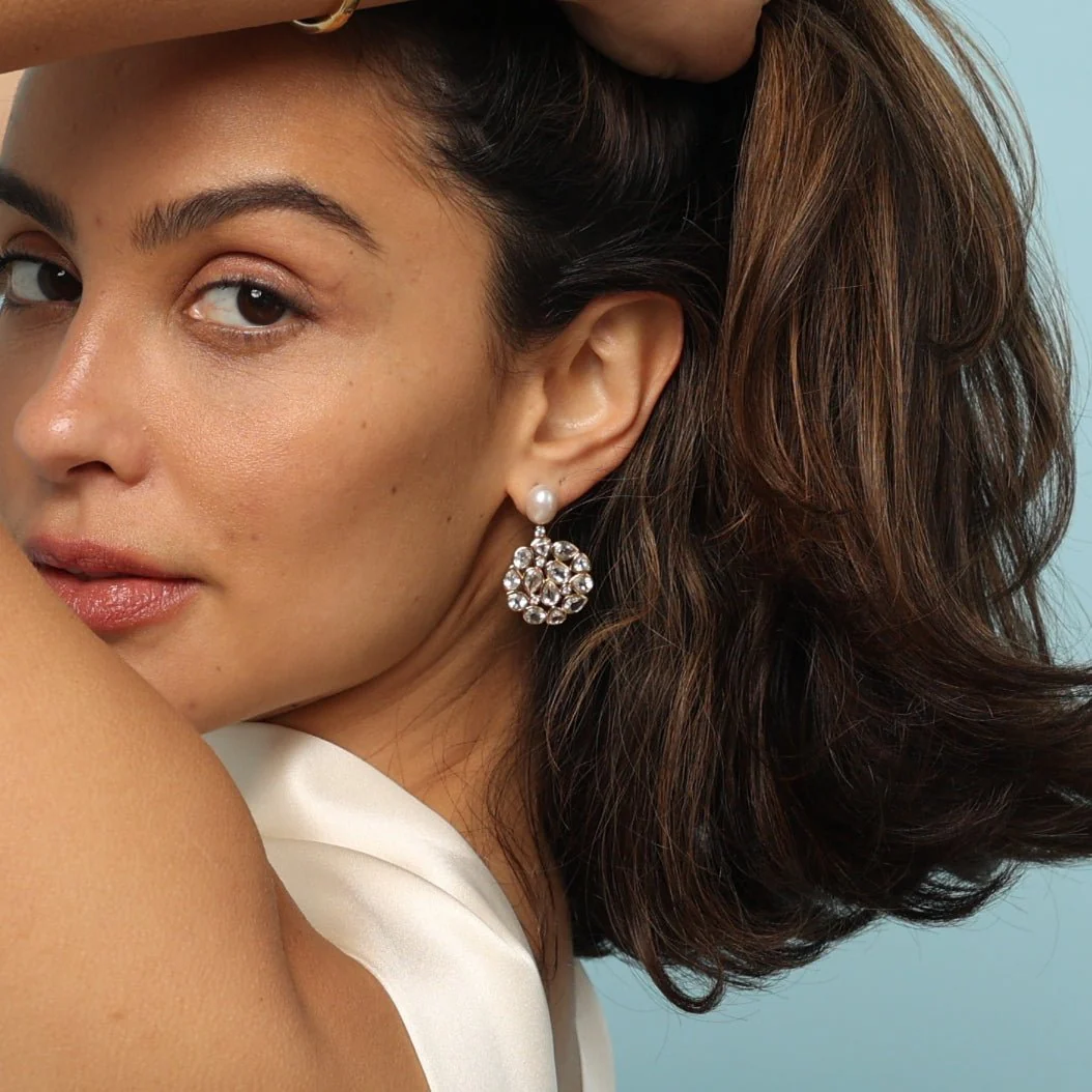 White Topaz and Pearl Statement Gold Stud Drop Earrings - Image 3